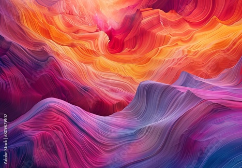 A 3D rendered landscape illustration with vibrant multicolored rolling hills, reminiscent of a surreal and abstract painting