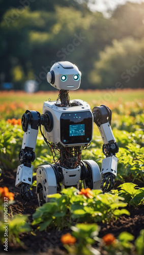 Robotic Farming Innovation, Humanoid Robot Collecting Plants in Agricultural Concept