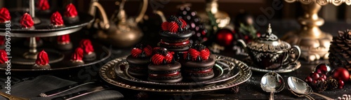 A dark and moody still life of black macarons with red filling and fresh berries on a silver plate with a black background.
