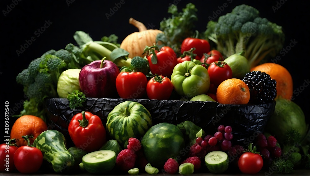 pile of fruits and vegetables on black background.