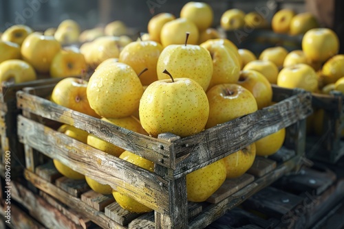 Harvest of fresh, juicy yellow apples in a wooden box, organic and ripe, nature's sweet bounty.