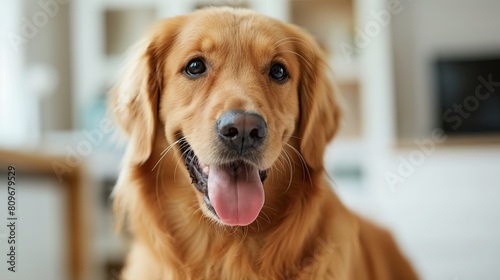 Close-Up of Happy Golden Retriever Dog Smiling at Veterinary Clinic © leftmade