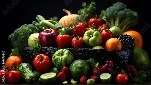 pile of fruits and vegetables on black background.