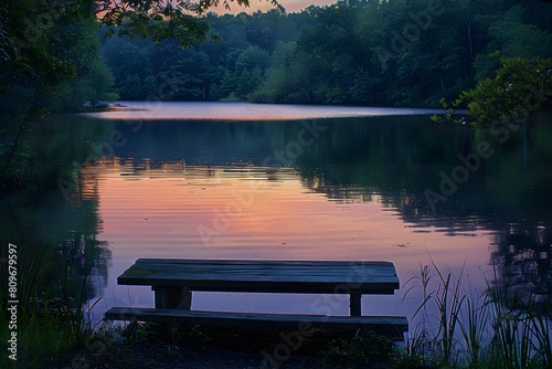 A bench on the lake shore photo