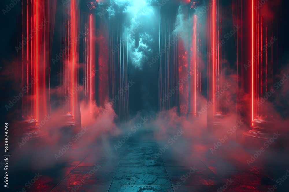 A dark room with red columns and smoke A dark room with red columns and smoke