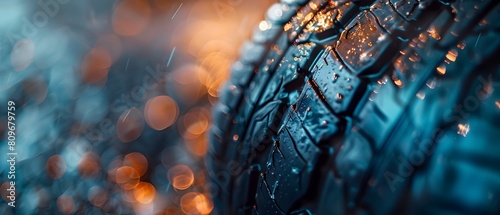 Close up of wet tire with water drops photo