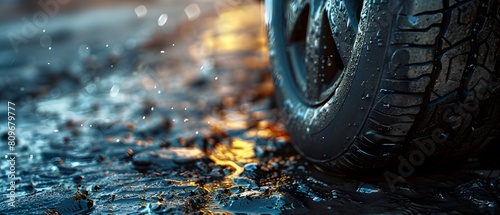 Close up of wet tire on road with water droplets photo