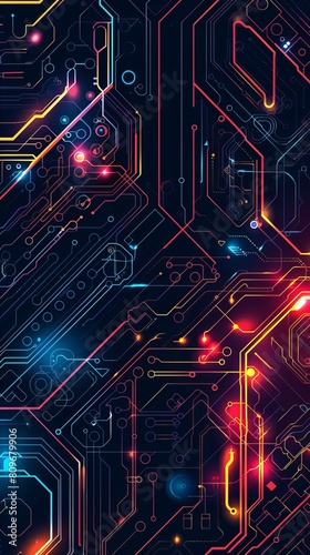 A stunning digital artwork of a circuit board with vibrant neon colors and electronic pathways Ideal for technology themes