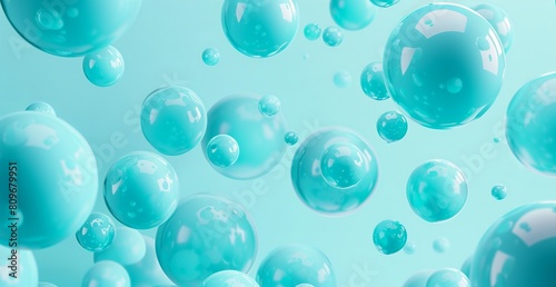 A graphic image showcasing 3D rendered floating blue bubbles on a soft light blue background suggesting freshness © dr.rustem