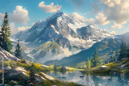 Painting of a mountain landscape with river and distant peak