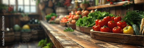 Vibrant vegetables and ripe fruits showcased for sale on a rustic wooden counter.