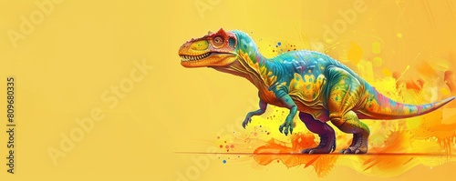 Children s color illustration of a cute dinosaur on a yellow background.