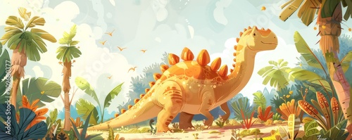 Nice children's illustration of dinosaurs in the nature.