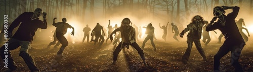 A group of zombies are dancing in the forest. They are all wearing gas masks and have their arms in the air. The background is dark and foggy.