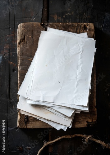 White papers laid on a dark wooden board.