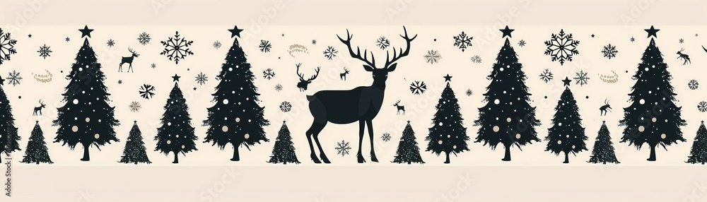 A seamless pattern with a Christmas theme. Black Christmas trees and deer on a beige background.