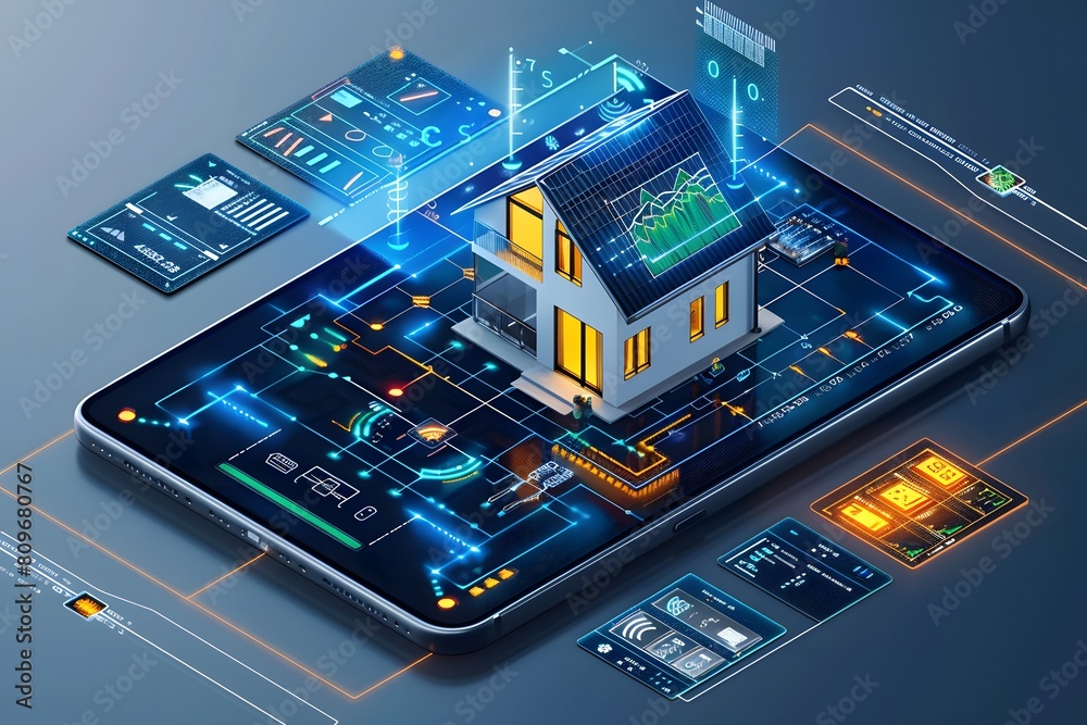 A smartphone displaying a house and smart interface A smartphone displaying a house and smart interface