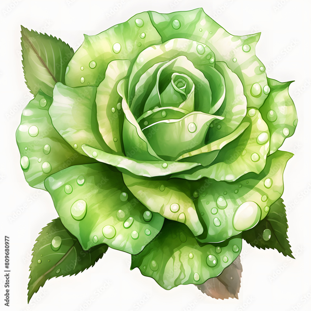 Fototapeta premium green rose flower with water drop isolated on transparent background cutout, watercolor illustration.