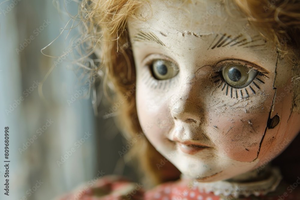 Close-up of a damaged antique doll, carefully cleaned and repaired to regain its former charm Close-up of a damaged antique doll, carefully cleaned and repaired to regain its former charm