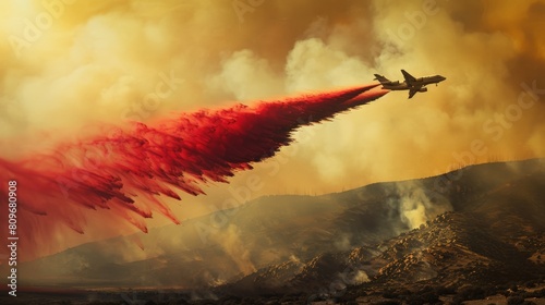 A fire retardant plane dropping a crimson line through the smoke, leaving a stark contrast against the landscape