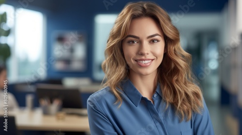 Smiling beautiful female professional manager standing with arms crossed looking at camera, happy confident business woman corporate leader boss ceo posing in office, headshot close up portrait © Nataliya