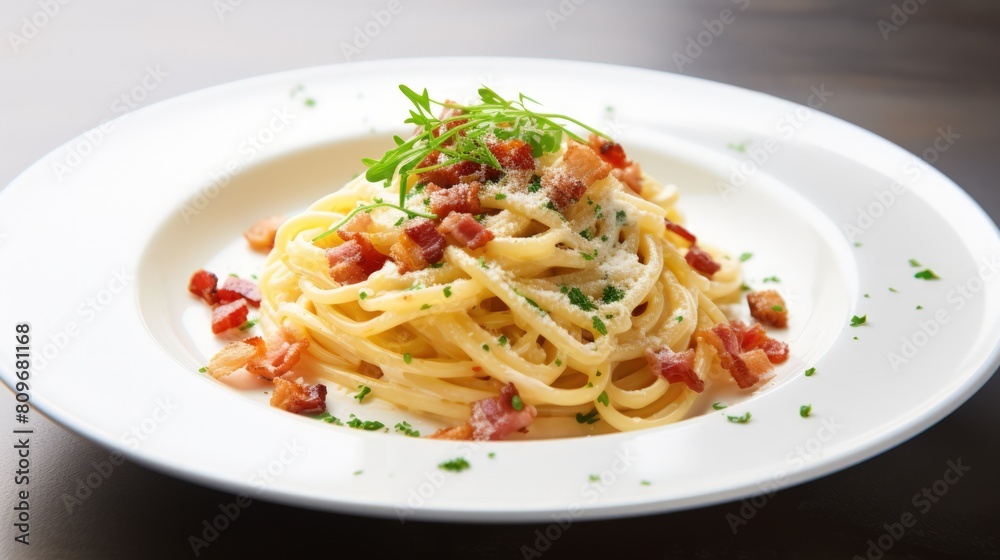 A plate of spaghetti with bacon and parsley on top