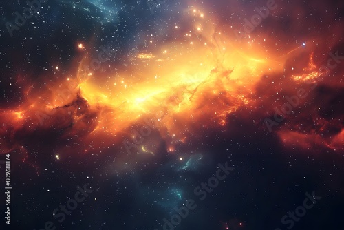 A bright orange galaxy and blue nebula with stars