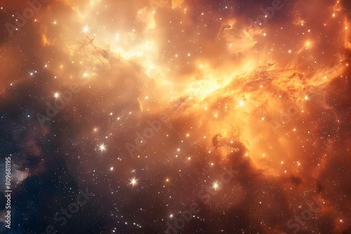 Close up of galaxy with stars and bright orange nebula photo