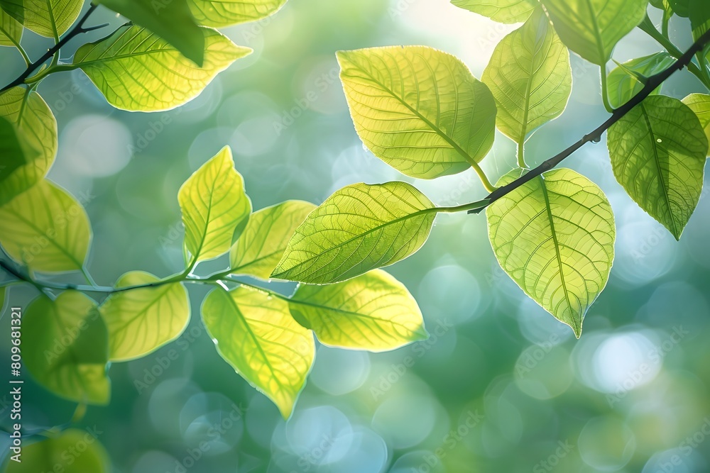 Close up of green leafy branch with sunlight filtering through Close up of green leafy branch with sunlight filtering through