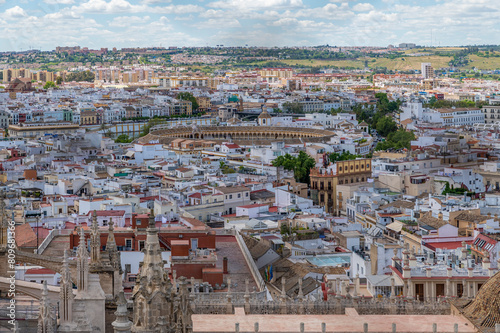 View from the top of the Giralda tower towards the Plaza de Toros and Triana, Seville, Spain
