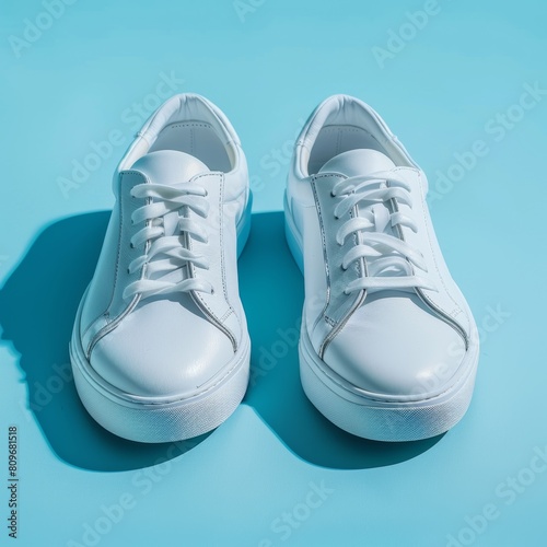 Fashionable White Shoes on Light Blue Background Generative AI