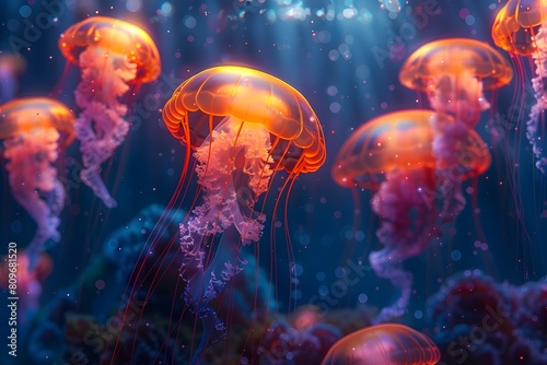 Jellyfish floating water bright lights shining down