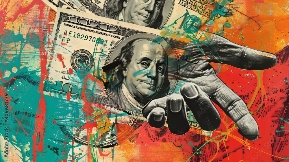 Fototapeta premium A hand holding a hundred dollars. Collage of art.