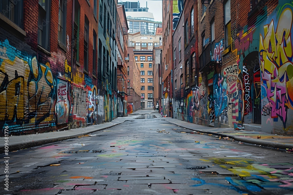 Fototapeta premium Graffiti-covered alley with fire hydrant and brick buildings