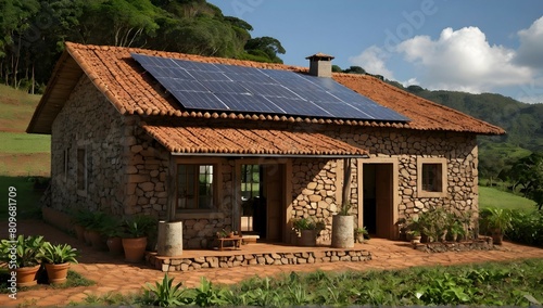 brazilian farm house stone and clay sustainable traditional colonial clay roof solar panel