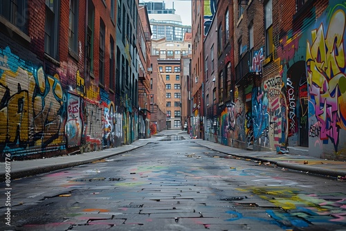 Graffiti-covered alley with fire hydrant and brick buildings photo