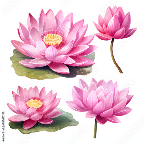 set of pink lotus flower isolated on transparent background cutout  watercolor illustration.