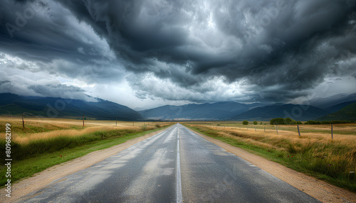 straight asphalt road going into mountains on he horizon, heavy dark clouds above mountains