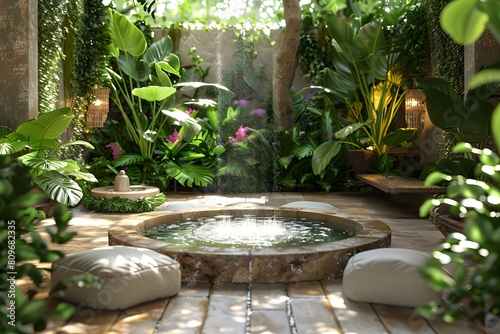 A fountain surrounded by lush green foliage in a garden