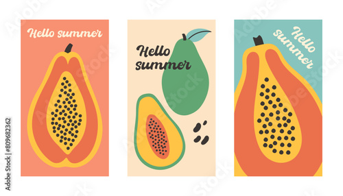 Summer poster papaya set in flat style. Art for poster, postcard, wall art, banner background