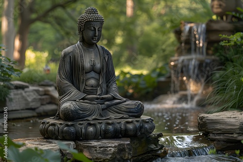 A statue of a buddha on a stone in a yard