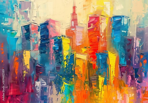 An abstract expressionist painting portraying a cityscape with vivid, colorful paint strokes and urban energy