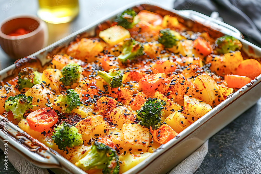 Vegetable casserole of potatoes, carrots and broccoli in a baking dish.
