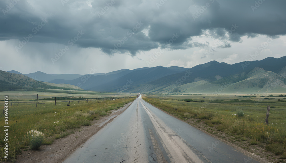 straight asphalt road going into  mountains on he horizon, heavy dark clouds above mountains