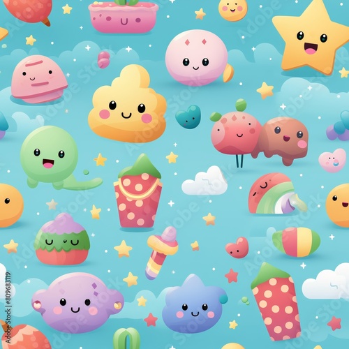 Add a touch of whimsy to your projects with seamless patterns featuring cute 3D cartoon icons and soft pastel backgrounds