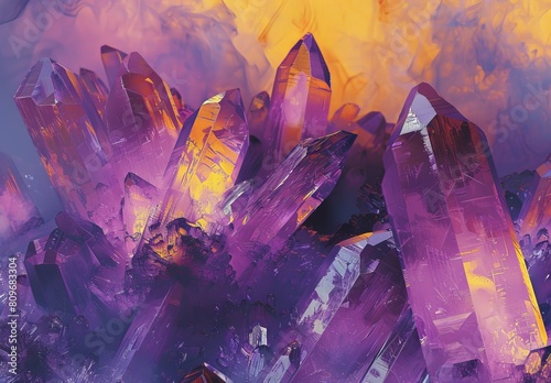 The image showcases a digital artwork of beautifully rendered deep purple amethyst crystals against a soft, atmospheric background photo