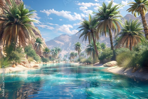 A river with palm trees and a mountain in the background