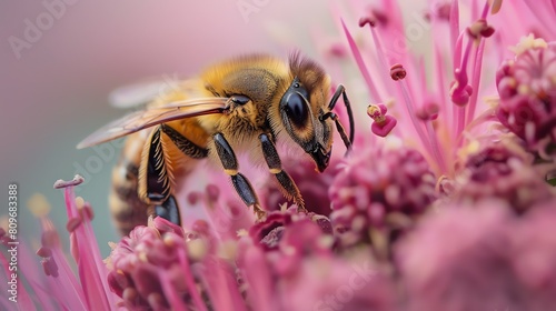 A bee pollinating a flower. The bee is covered in yellow and black fur, and the flower is pink. © Galib