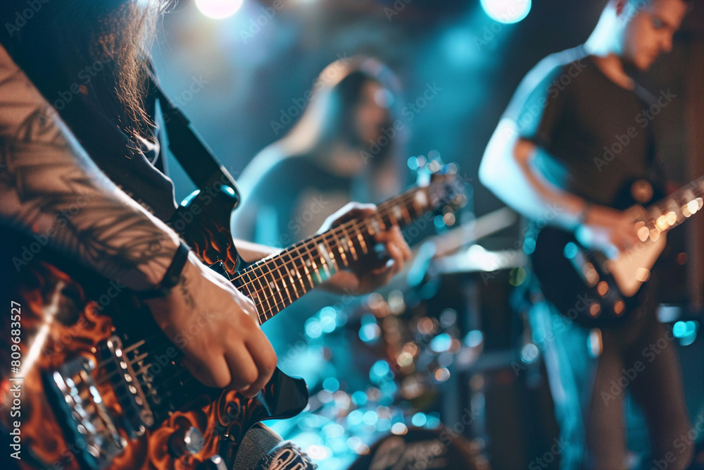 Obraz premium Crazy rockers at rock concert in night club heavy metal performance rock and roll lifestyle Generative AI