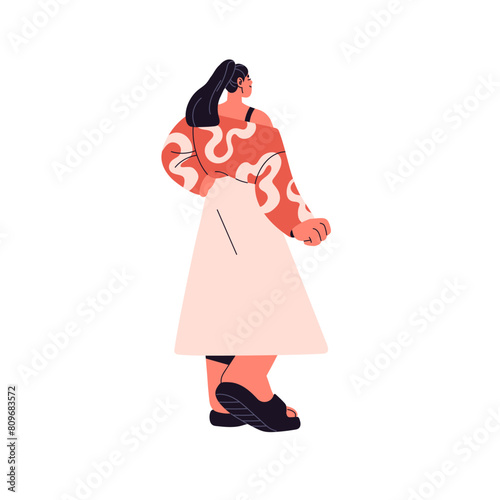 Young woman in lovely summer dress stands, waits back view. Happy fashion girl wearing summertime clothes: sandals, skirt and patterned blouse. Flat isolated vector illustration on white background © Paper Trident